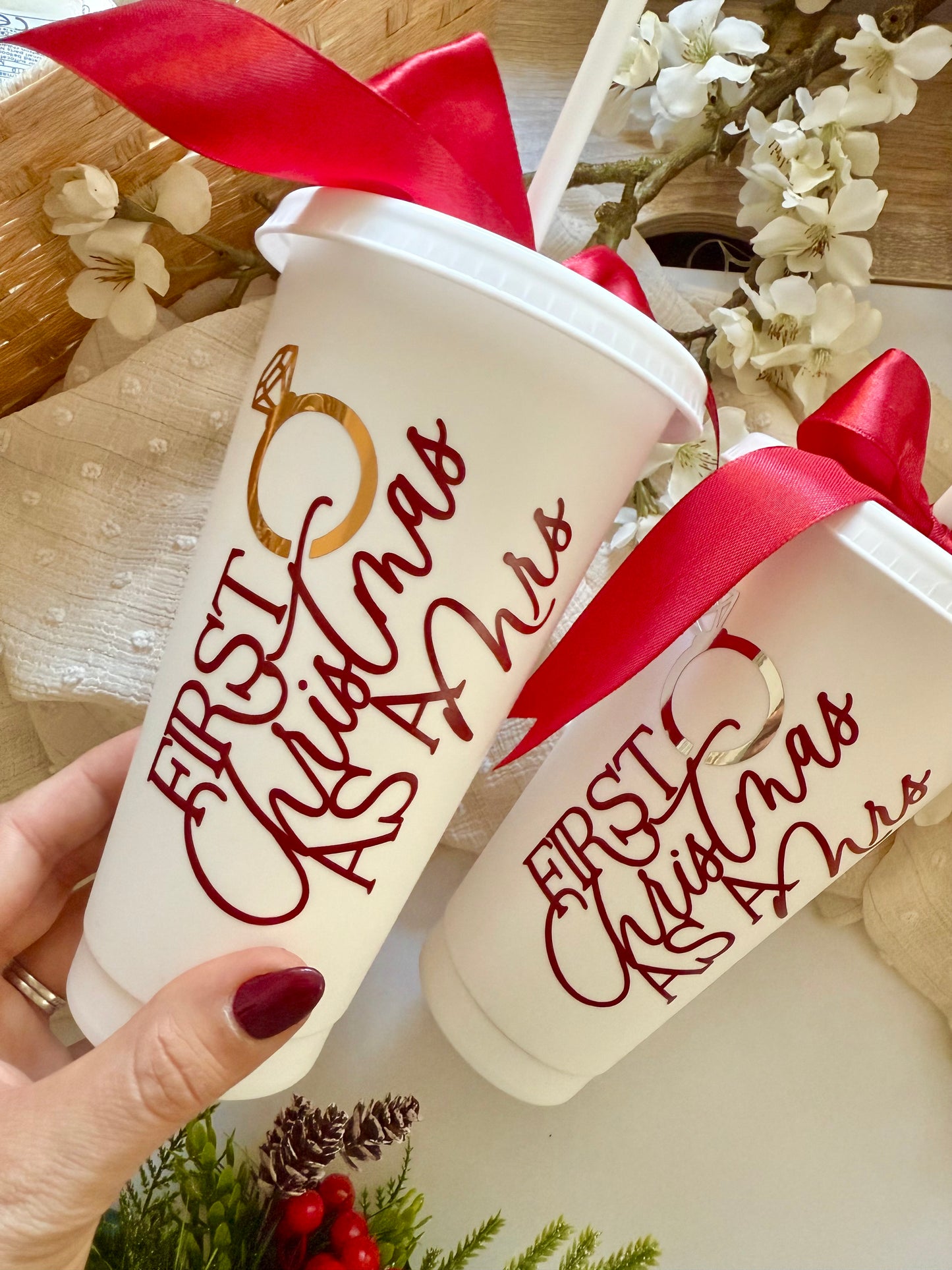 First Christmas as a Mrs - Burgundy Flute/Cup Sets