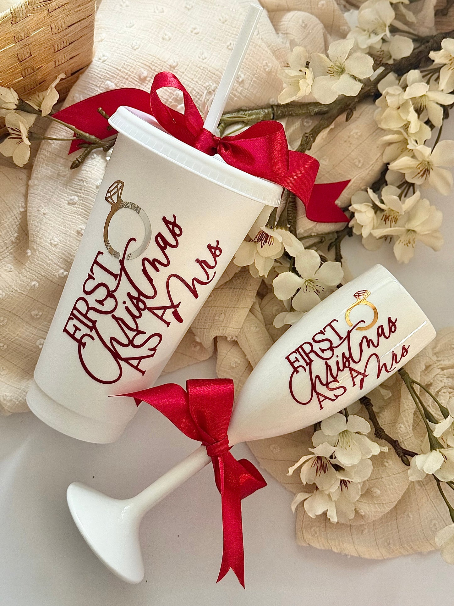 First Christmas as a Mrs - Burgundy Flute/Cup Sets