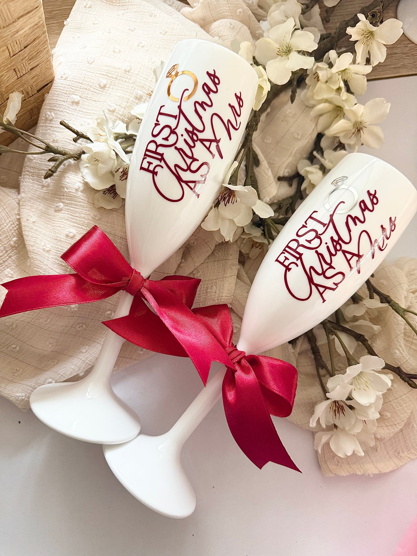 First Christmas as a Mrs - Burgundy Flute/Cup Sets