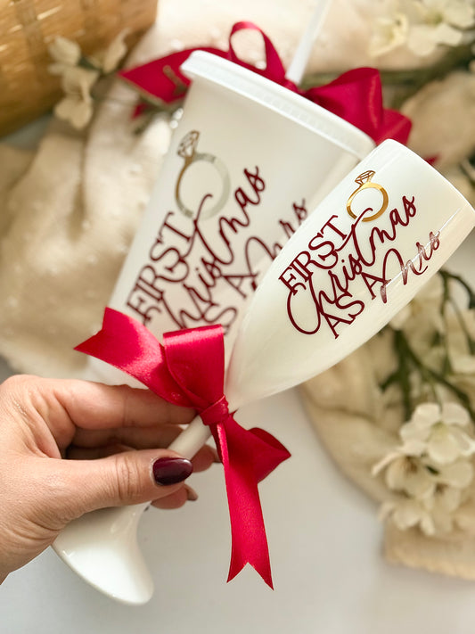 First Christmas as a Mrs - Burgundy Flute/Cup Sets