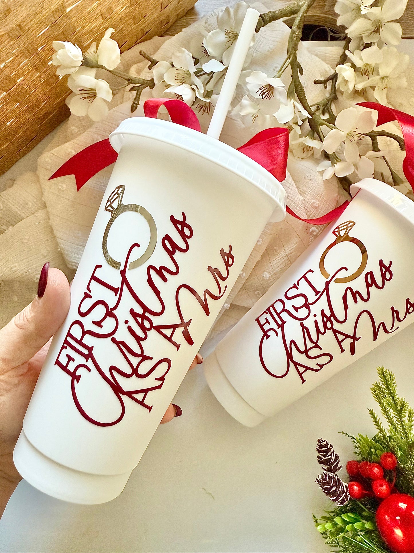 First Christmas as a Mrs - Burgundy Flute/Cup Sets