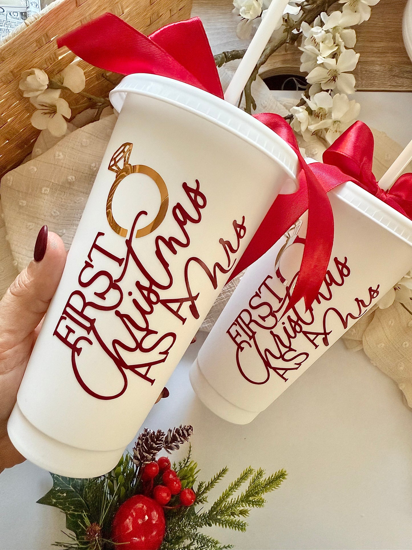 First Christmas as a Mrs - Burgundy Flute/Cup Sets